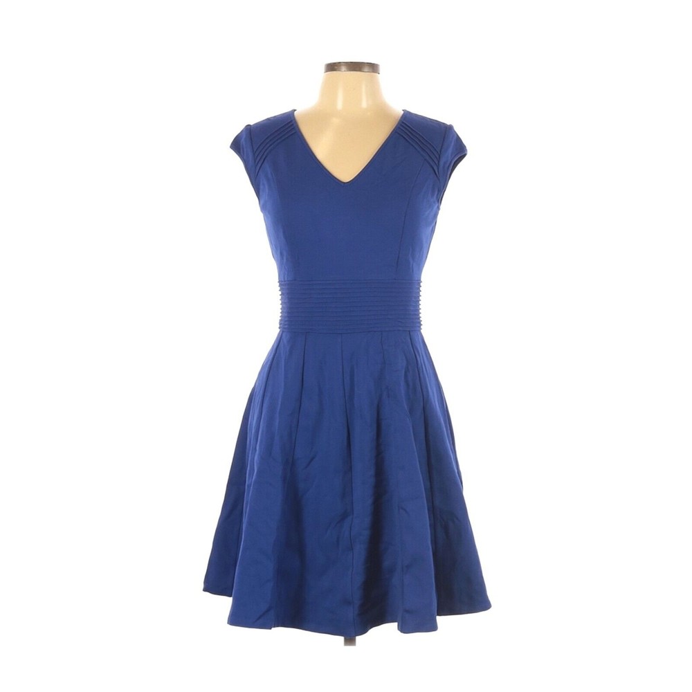 Eliza J Women Dress Sz 10 Navy Cap Sleeves Zip Fit & Flare Career Work Ruched